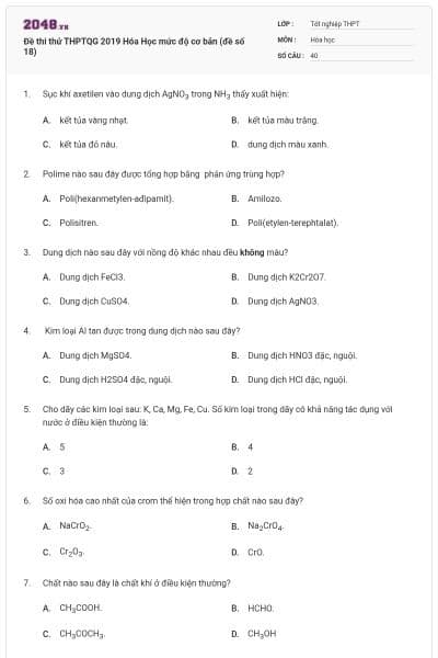 Đề thi thử THPTQG 2019 Hóa Học mức độ cơ bản (đề số 18)
