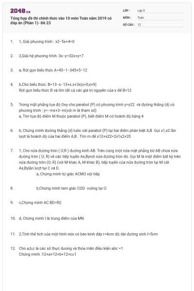 Tổng hợp đề thi chính thức vào 10 môn Toán năm 2019 có đáp án (Phần 1)- Đề 23