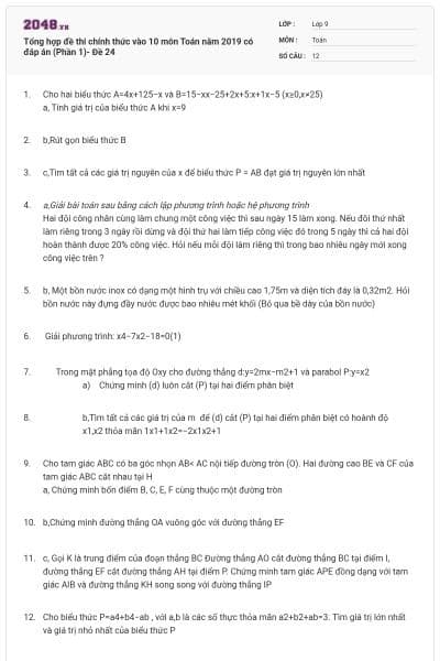 Tổng hợp đề thi chính thức vào 10 môn Toán năm 2019 có đáp án (Phần 1)- Đề 24