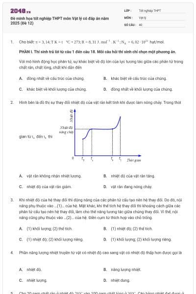 Đề minh họa tốt nghiệp THPT môn Vật lý có đáp án năm 2025 (Đề 12)