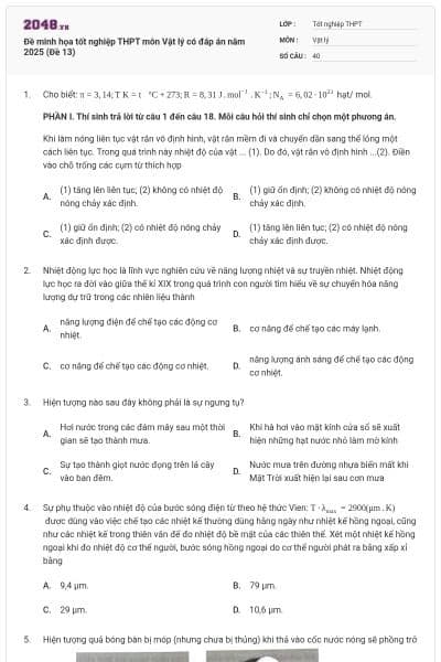 Đề minh họa tốt nghiệp THPT môn Vật lý có đáp án năm 2025 (Đề 13)
