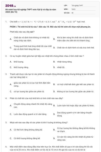 Đề minh họa tốt nghiệp THPT môn Vật lý có đáp án năm 2025 (Đề 15)