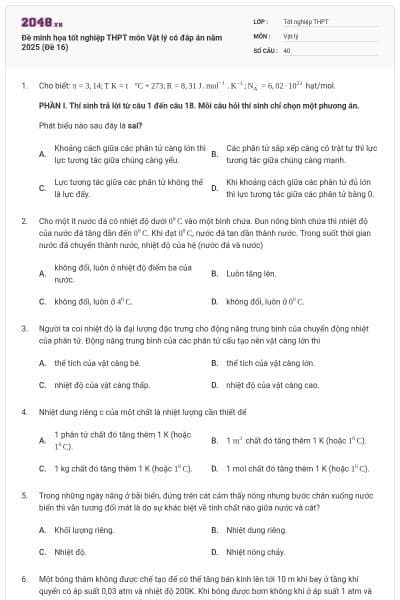 Đề minh họa tốt nghiệp THPT môn Vật lý có đáp án năm 2025 (Đề 16)