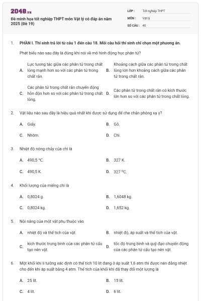 Đề minh họa tốt nghiệp THPT môn Vật lý có đáp án năm 2025 (Đề 19)