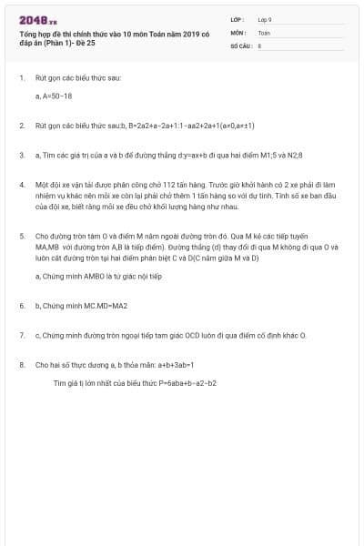 Tổng hợp đề thi chính thức vào 10 môn Toán năm 2019 có đáp án (Phần 1)- Đề 25