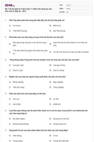 Bộ 7 đề thi giữa kì 2 Địa lí lớp 11 Chân trời sáng tạo cấu trúc mới có đáp án - Đề 2