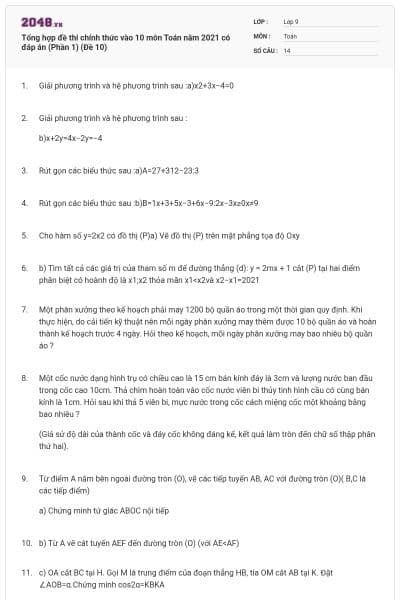 Tổng hợp đề thi chính thức vào 10 môn Toán năm 2021 có đáp án (Phần 1) (Đề 10)