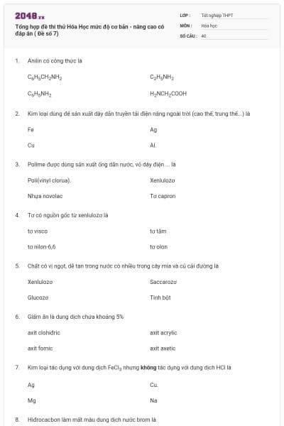 Tổng hợp đề thi thử Hóa Học mức độ cơ bản - nâng cao có đáp án ( Đề số 7)