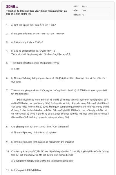 Tổng hợp đề thi chính thức vào 10 môn Toán năm 2021 có đáp án (Phần 1) (Đề 11)