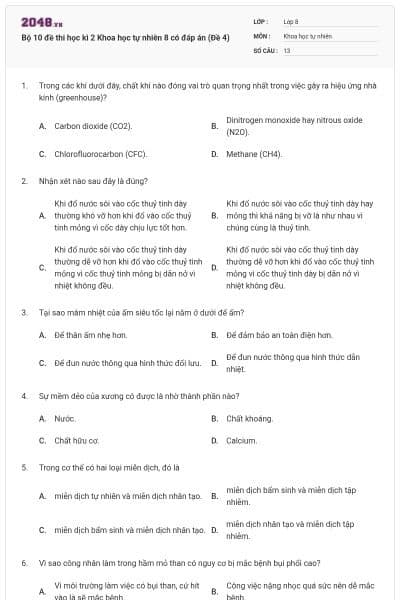 Bộ 10 đề thi học kì 2 Khoa học tự nhiên 8 có đáp án (Đề 4)