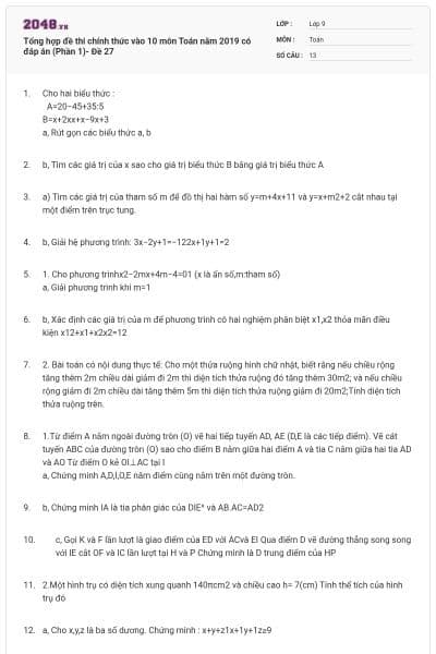 Tổng hợp đề thi chính thức vào 10 môn Toán năm 2019 có đáp án (Phần 1)- Đề 27