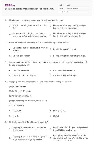 Bộ 10 đề thi học kì 2 Khoa học tự nhiên 8 có đáp án (Đề 5)