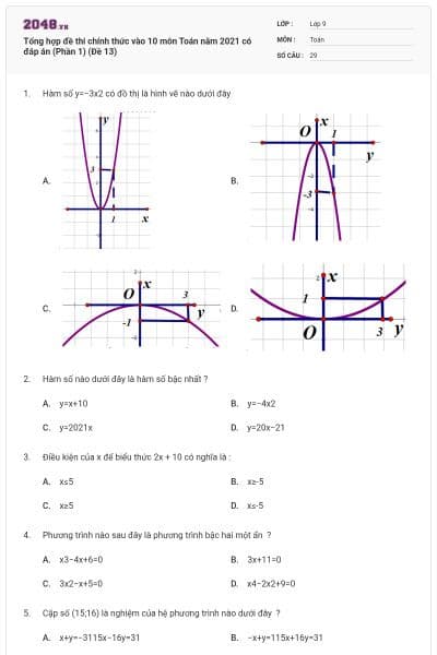 Tổng hợp đề thi chính thức vào 10 môn Toán năm 2021 có đáp án (Phần 1) (Đề 13)
