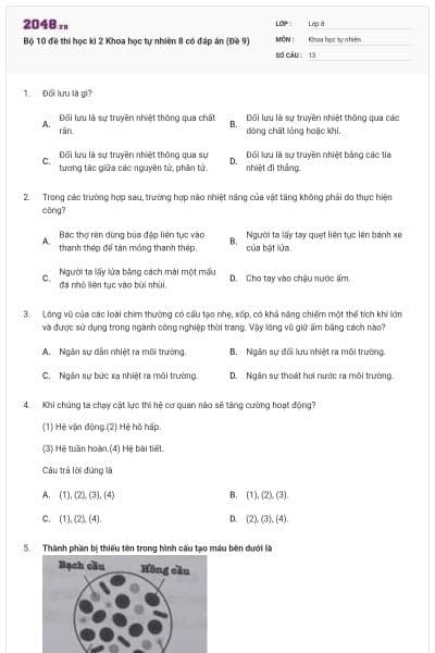 Bộ 10 đề thi học kì 2 Khoa học tự nhiên 8 có đáp án (Đề 9)