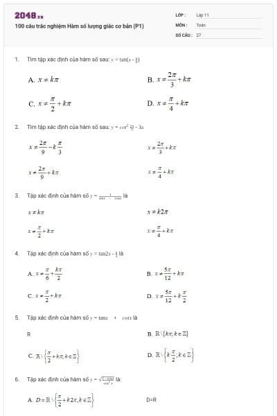 100 câu trắc nghiệm Hàm số lượng giác cơ bản (P1)