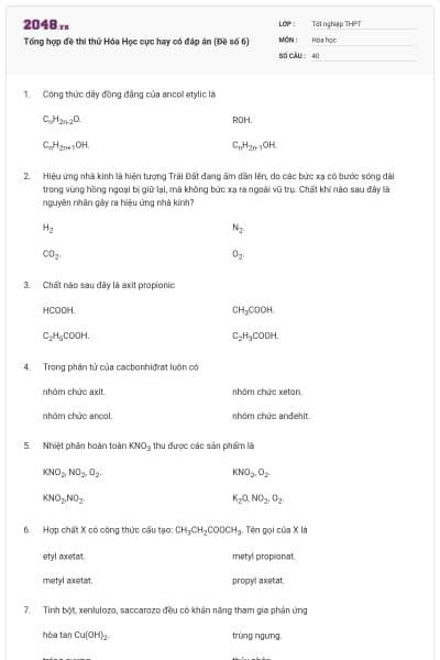 Tổng hợp đề thi thử Hóa Học cực hay có đáp án (Đề số 6)
