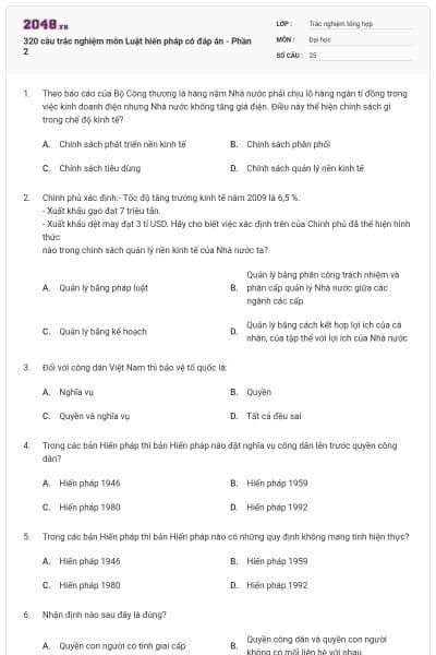 320 câu trắc nghiệm môn Luật hiến pháp có đáp án - Phần 2