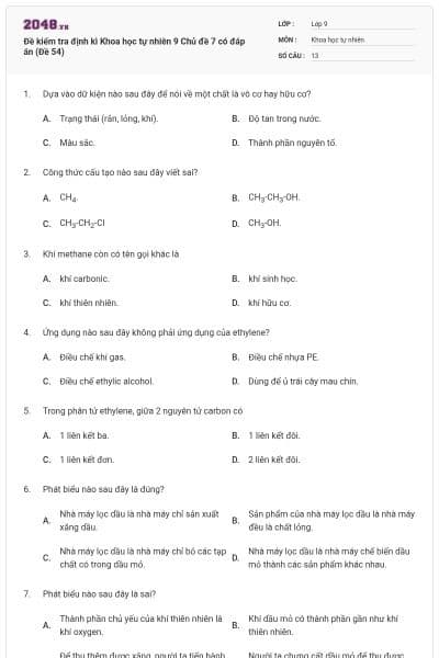 Đề kiểm tra định kì Khoa học tự nhiên 9 Chủ đề 7 có đáp án (Đề 54)