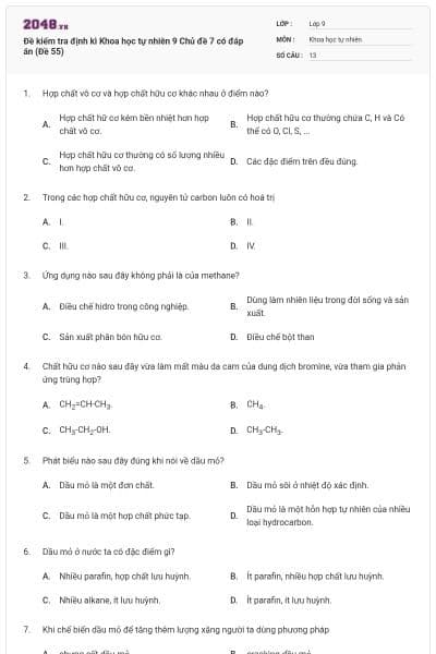 Đề kiểm tra định kì Khoa học tự nhiên 9 Chủ đề 7 có đáp án (Đề 55)