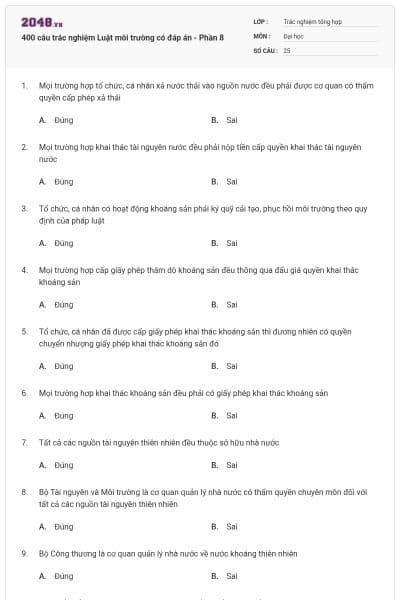 400 câu trắc nghiệm Luật môi trường có đáp án - Phần 8