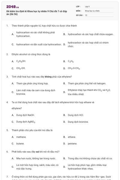 Đề kiểm tra định kì Khoa học tự nhiên 9 Chủ đề 7 có đáp án (Đề 56)