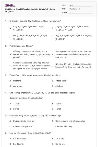 Đề kiểm tra định kì Khoa học tự nhiên 9 Chủ đề 7 có đáp án (Đề 57)