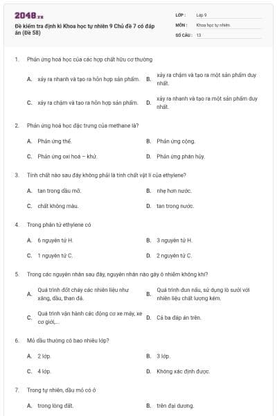 Đề kiểm tra định kì Khoa học tự nhiên 9 Chủ đề 7 có đáp án (Đề 58)