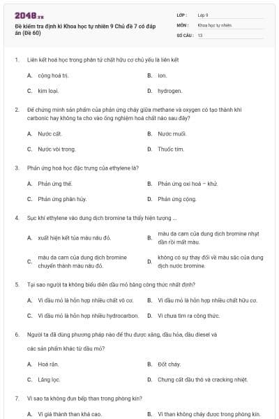 Đề kiểm tra định kì Khoa học tự nhiên 9 Chủ đề 7 có đáp án (Đề 60)