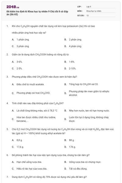 Đề kiểm tra định kì Khoa học tự nhiên 9 Chủ đề 8 có đáp án (Đề 65)