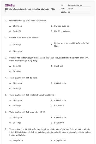 320 câu trắc nghiệm môn Luật hiến pháp có đáp án - Phần 3