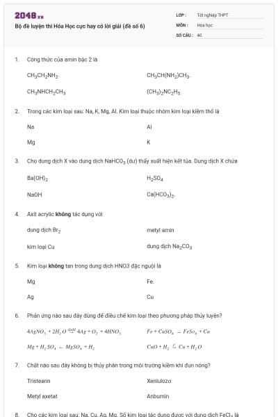 Bộ đề luyện thi Hóa Học cực hay có lời giải (đề số 6)
