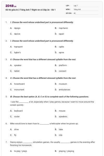 Đề thi giữa kì 2 Tiếng Anh 7 Right-on có đáp án - Đề 1