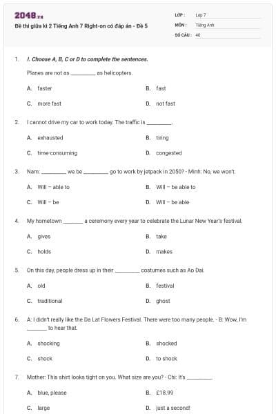 Đề thi giữa kì 2 Tiếng Anh 7 Right-on có đáp án - Đề 5
