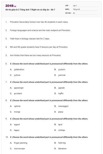 Đề thi giữa kì 2 Tiếng Anh 7 Right-on có đáp án - Đề 7