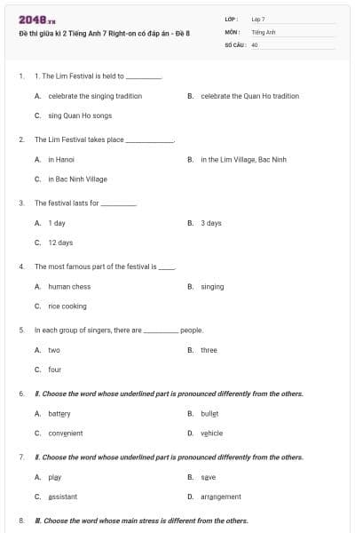Đề thi giữa kì 2 Tiếng Anh 7 Right-on có đáp án - Đề 8