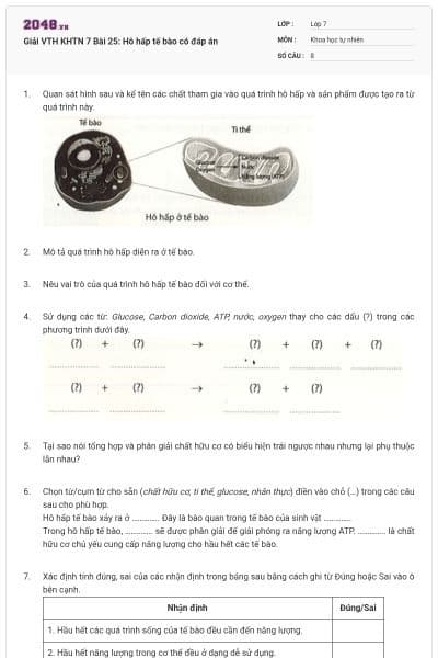 Giải VTH KHTN 7 Bài 25: Hô hấp tế bào có đáp án
