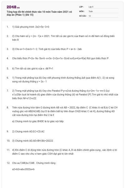 Tổng hợp đề thi chính thức vào 10 môn Toán năm 2021 có đáp án (Phần 1) (Đề 15)