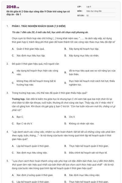Đề thi giữa kì 2 Giáo dục công dân 9 Chân trời sáng tạo có đáp án - Đề 1