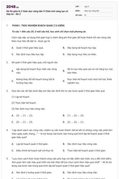 Đề thi giữa kì 2 Giáo dục công dân 9 Chân trời sáng tạo có đáp án - Đề 2