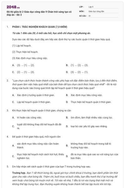 Đề thi giữa kì 2 Giáo dục công dân 9 Chân trời sáng tạo có đáp án - Đề 3