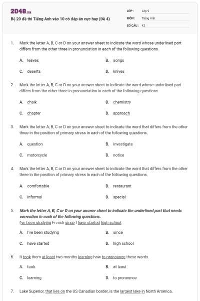 Bộ 20 đề thi Tiếng Anh vào 10 có đáp án cực hay (Đề 4)