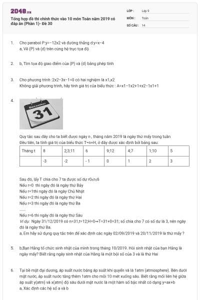 Tổng hợp đề thi chính thức vào 10 môn Toán năm 2019 có đáp án (Phần 1)- Đề 30