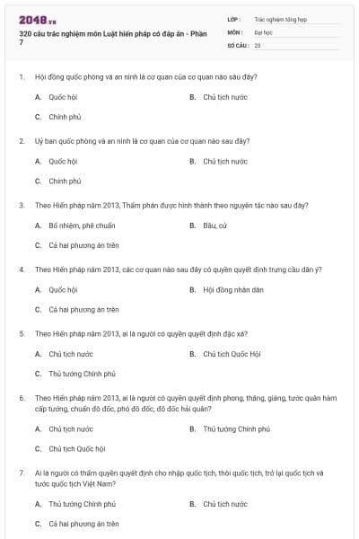 320 câu trắc nghiệm môn Luật hiến pháp có đáp án - Phần 7