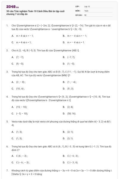 30 câu Trắc nghiệm Toán 10 Cánh Diều Bài ôn tập cuối chương 7 có đáp án