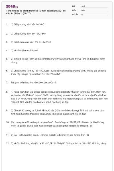 Tổng hợp đề thi chính thức vào 10 môn Toán năm 2021 có đáp án (Phần 1) (Đề 17)