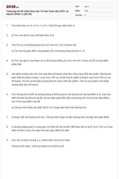 Tổng hợp đề thi chính thức vào 10 môn Toán năm 2021 có đáp án (Phần 1) (Đề 20)