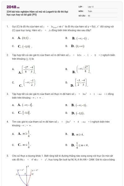 234 bài trắc nghiệm Hàm số mũ và Logarit từ đề thi Đại học cực hay có lời giải (P5)