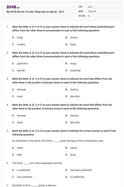 Bộ 20 đề thi vào 10 môn Tiếng anh có đáp án - Đề 2