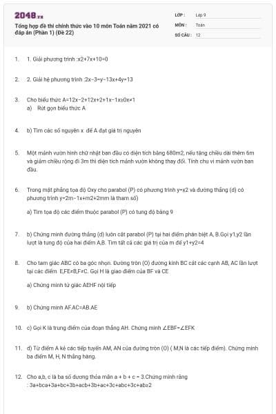 Tổng hợp đề thi chính thức vào 10 môn Toán năm 2021 có đáp án (Phần 1) (Đề 22)