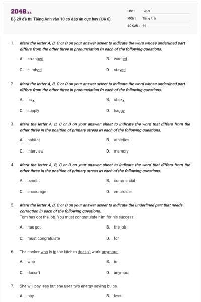 Bộ 20 đề thi Tiếng Anh vào 10 có đáp án cực hay (Đề 6)